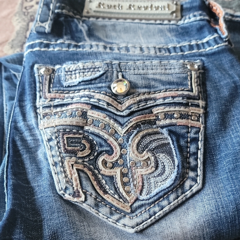 Rock Revival FERRY  Blue and White Boot Cut Jeans with Ornate Embroidery